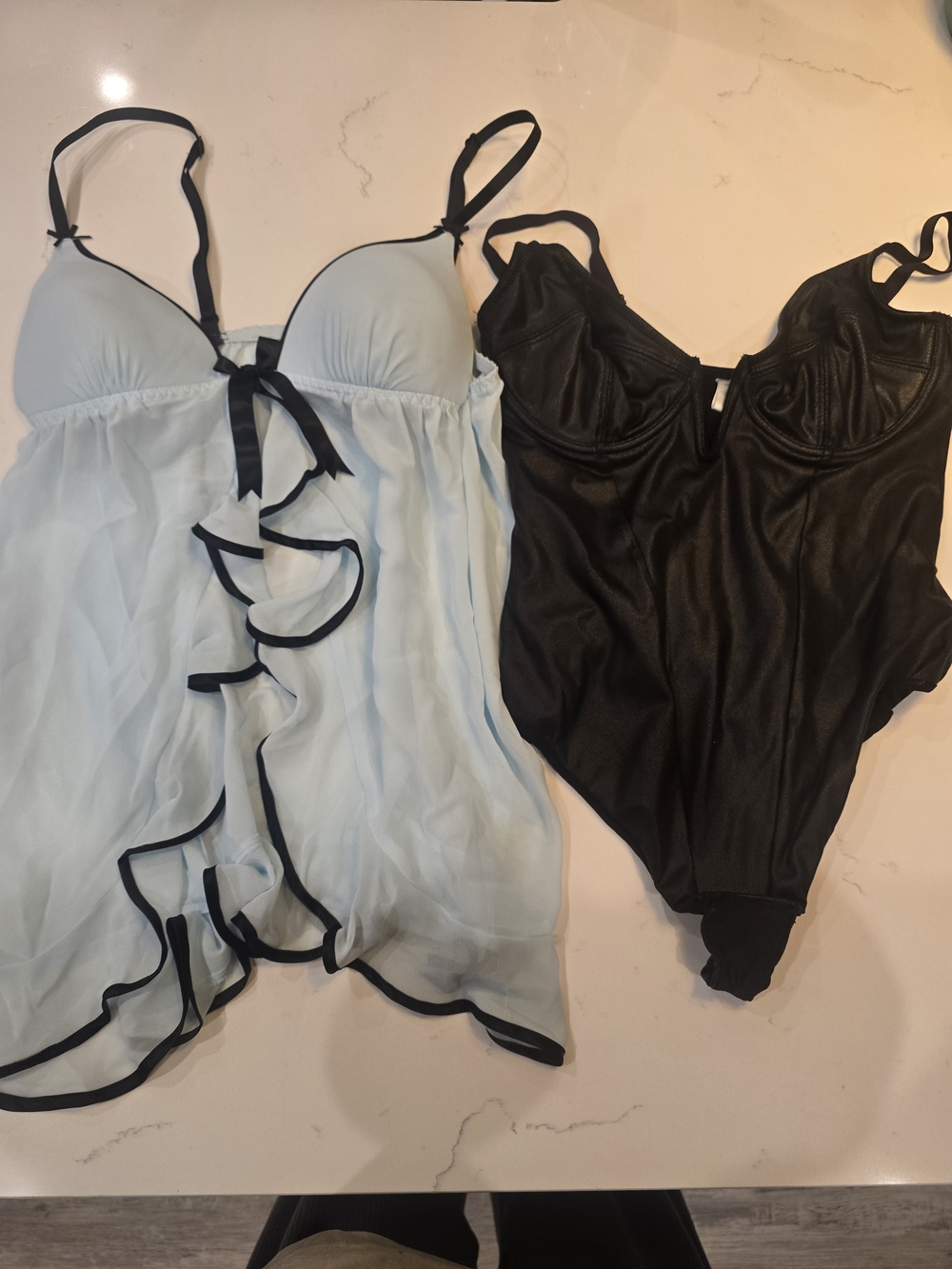 Light Blue Ruffle Babydoll & Black Satin Bodysuit Set - Women Intimates